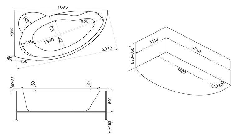 Акриловая ванна BAS Лагуна 170x110