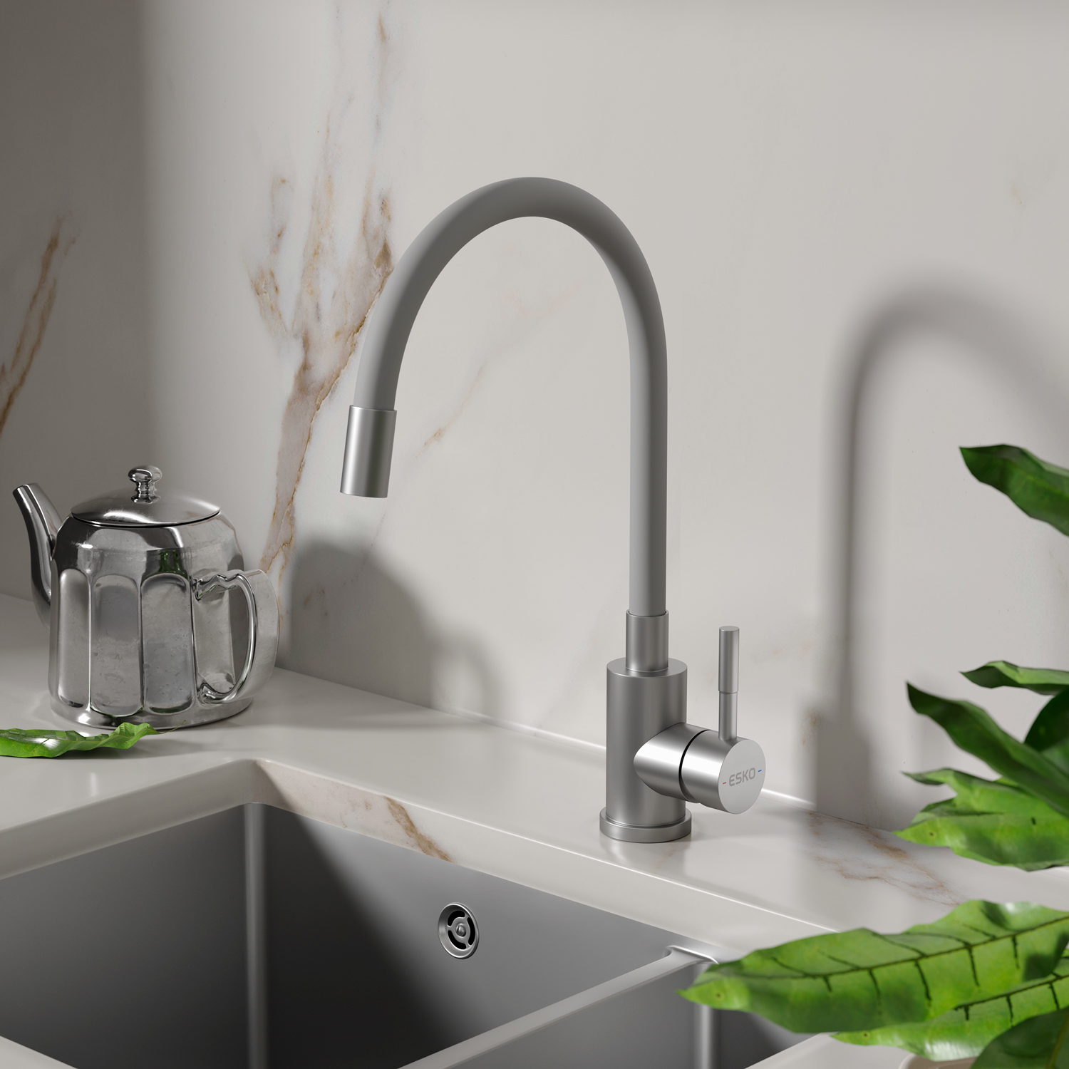 Смеситель для кухни K44SG, Кухня/Kitchen, гибкий излив, нержавеющая сталь/серый, ESKO