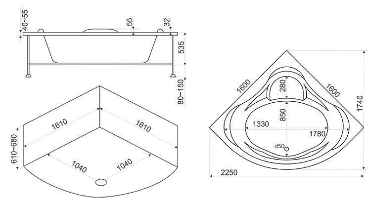Акриловая ванна BAS Мега 160x160, В 00024