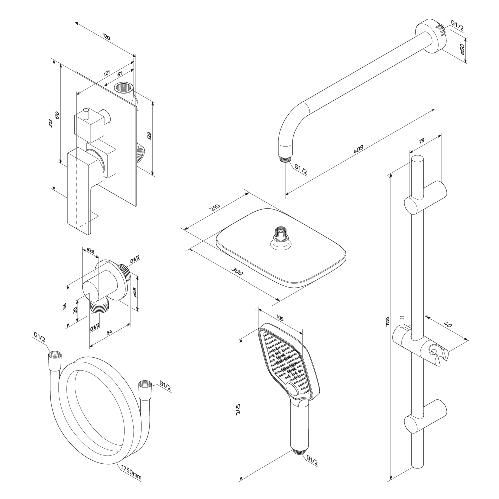 Встраиваемая душевая система Gala с душевым смесителем и штангой, цвет: хром