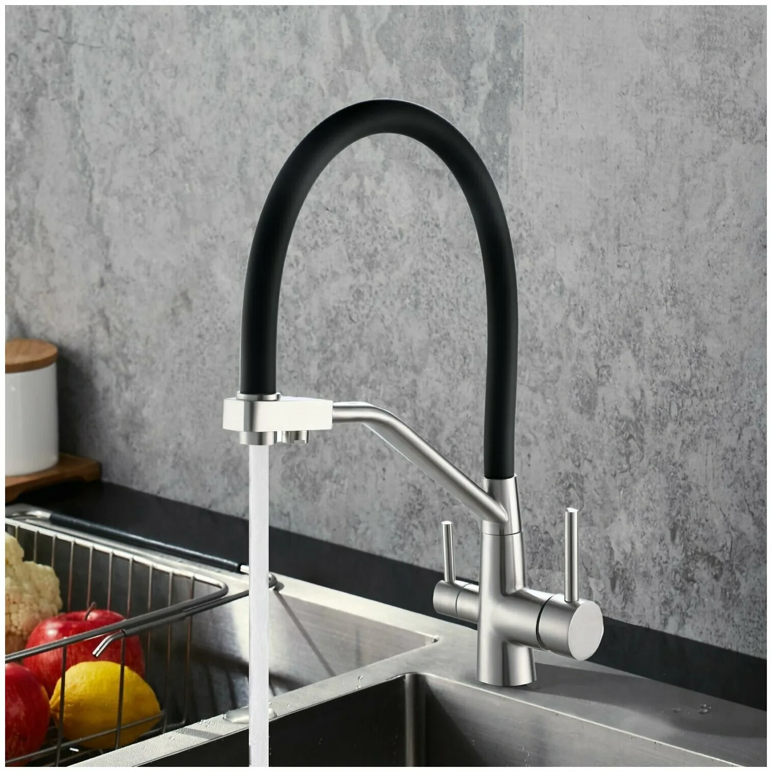 Смеситель для кухни K25SB, Кухня/Kitchen, гибкий излив, с подключением к фильтру, нержавеющая сталь/черный, ESKO