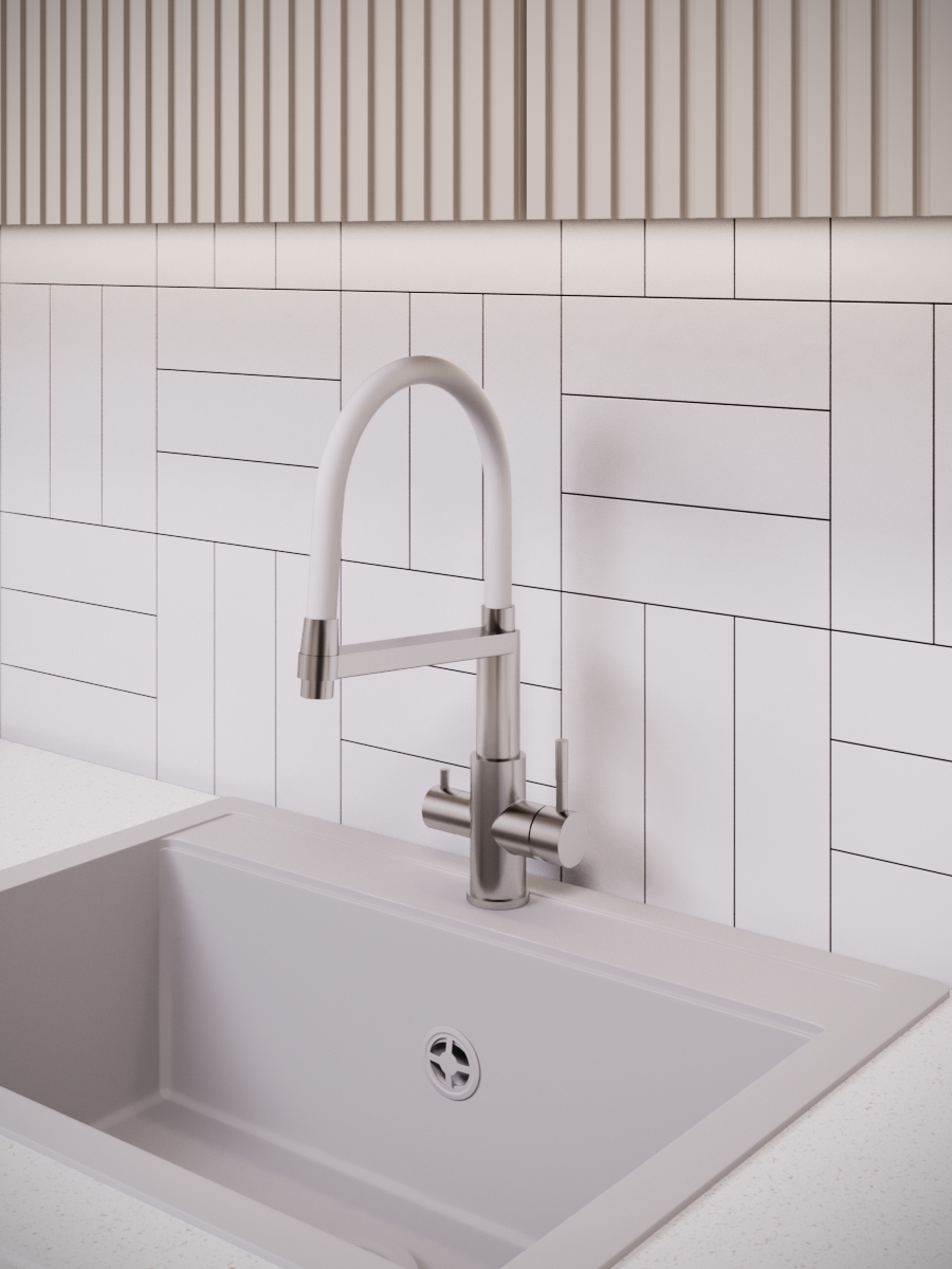 Смеситель для кухни K26SW, Кухня/Kitchen, гибкий излив, с подключением к фильтру, нержавеющая сталь/белый, ESKO