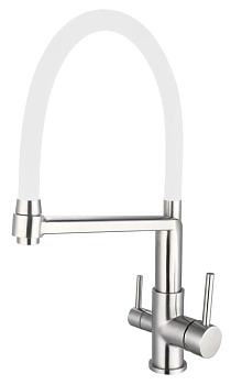 Смеситель для кухни K26SW, Кухня/Kitchen, гибкий излив, с подключением к фильтру, нержавеющая сталь/белый, ESKO
